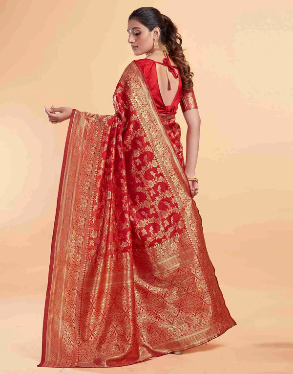 Elegant Red Silk Woven Saree with Golden Accents – Perfect for Weddings, Festivals, and Formal Events