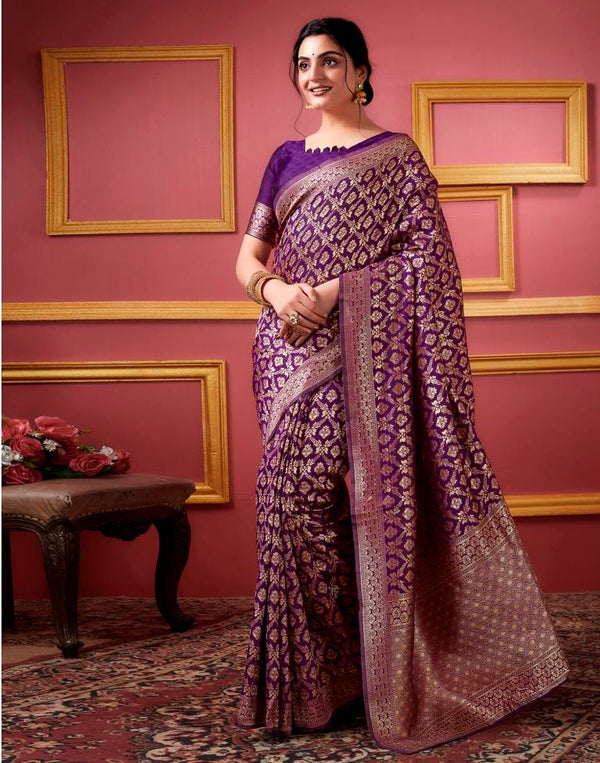 Elegant Dark Purple Silk Woven Saree with Jacquard Detailing – 5.5 M Saree with Matching Blouse Piece