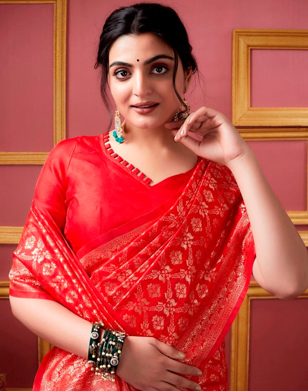 Elegant Red Art Silk Woven Saree – 5.5 m Saree with 0.8 m Blouse Piece, Perfect for Weddings and Special Occasions