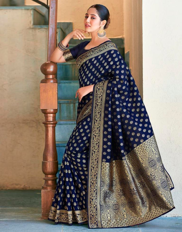 Navy Blue Color Silk Woven Saree | Elegant Jacquard Work Saree with Matching Blouse Piece | Perfect for Festive, Wedding & Party Wear