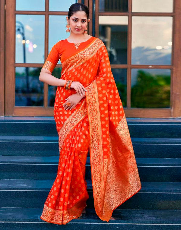 Elegant Orange Silk Woven Saree | Art Silk Saree with Woven Design & Unstitched Blouse Piece | Perfect for Weddings, Parties & Festive Wear