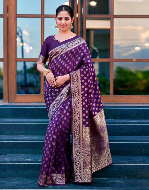 Elegant Purple Silk Woven Saree | Banarasi Art Silk Saree with Zari Work & Woven Border | Includes Unstitched Blouse Piece | Perfect for Weddings & Traditional Events