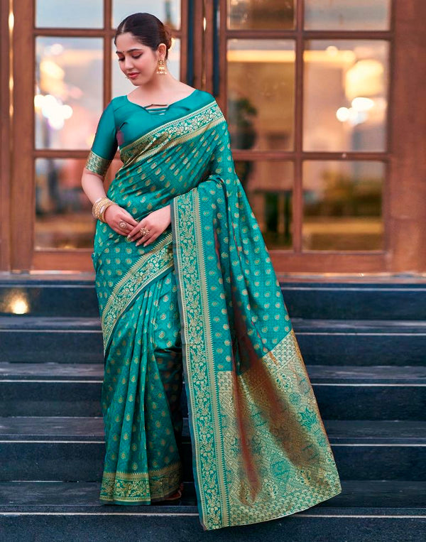 Rama Green Silk Woven Saree | Art Silk Saree with Zari Work and Elegant Woven Border | Includes Matching Unstitched Blouse Piece