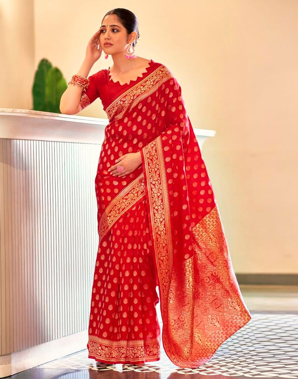 Elegant Red Silk Woven Saree | 5.5 Meters Pure Silk Saree with Jacquard Detailing & Matching Unstitched Blouse