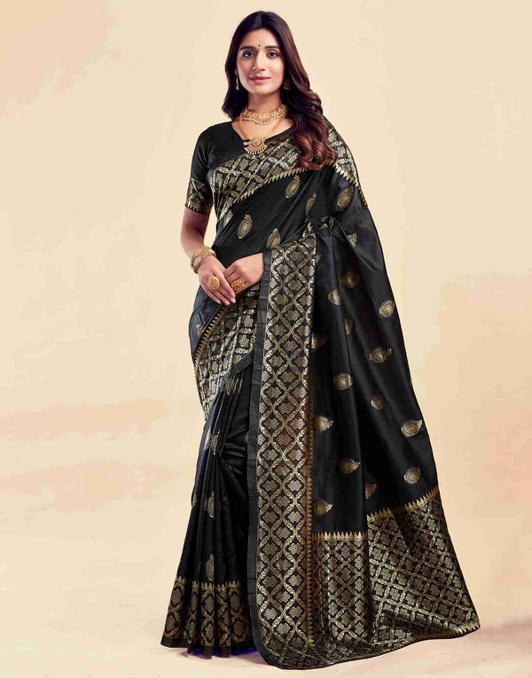 Elevate Your Elegance with a Black Silk Woven Saree – Premium Craftsmanship with Golden Accents