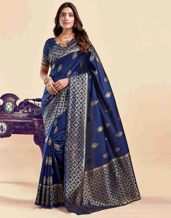 Navy Blue Silk Woven Saree – Exquisite 5.3 Meters Length with Intricate Patterns and Unstitched Blouse Piece