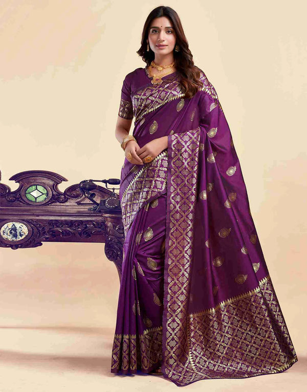 Elegant Purple Silk Woven Saree – Stunning 5.30 Meters Length with Exquisite Craftsmanship and Matching Unstitched Blouse