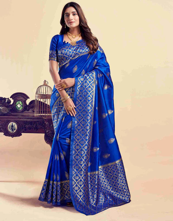 Royal Blue Silk Woven Saree – Elegant Banarasi Jacquard Design with Brocade Detailing and Unstitched Blouse Piece