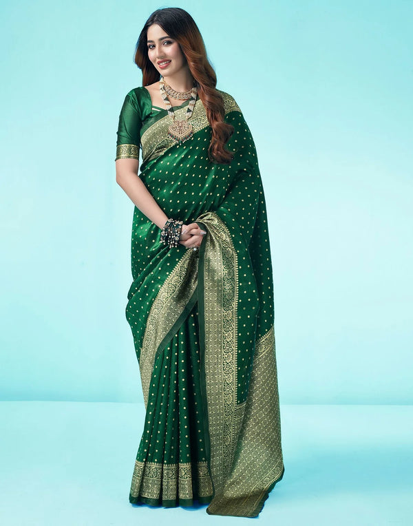 Elegant Bottle Green Silk Woven Saree with Zari Jacquard Design - Soft Silk Saree with Unstitched Blouse