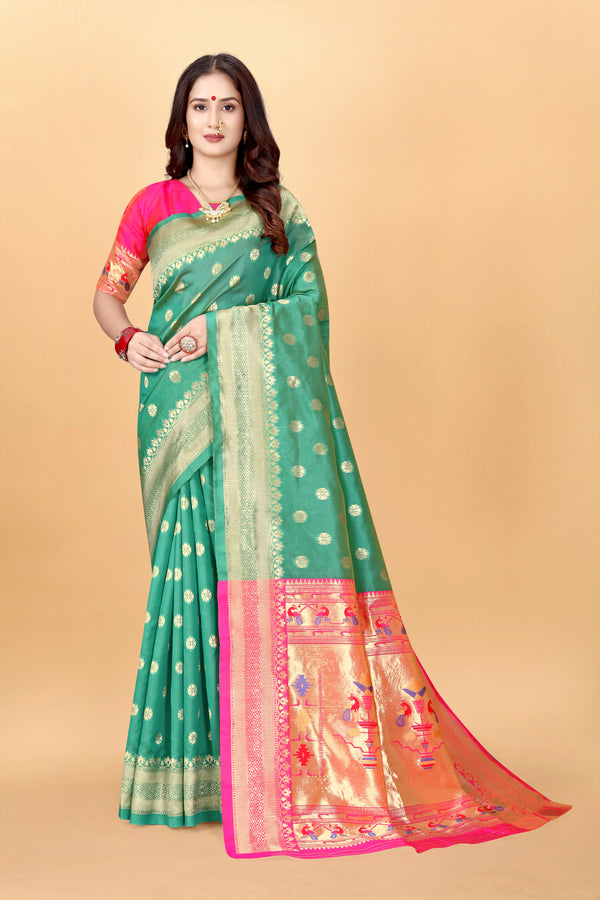 Aqua Green Banarasi Silk Blend Saree with Matching Unstitched Blouse | Traditional Banarasi Weaving | Ideal for Weddings & Festive Occasions