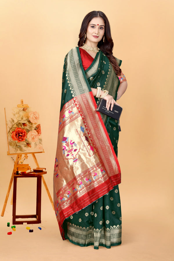 Dark Green Paithani Silk Saree with Blouse Piece | Traditional Woven Design | Perfect for Weddings & Festive Celebrations