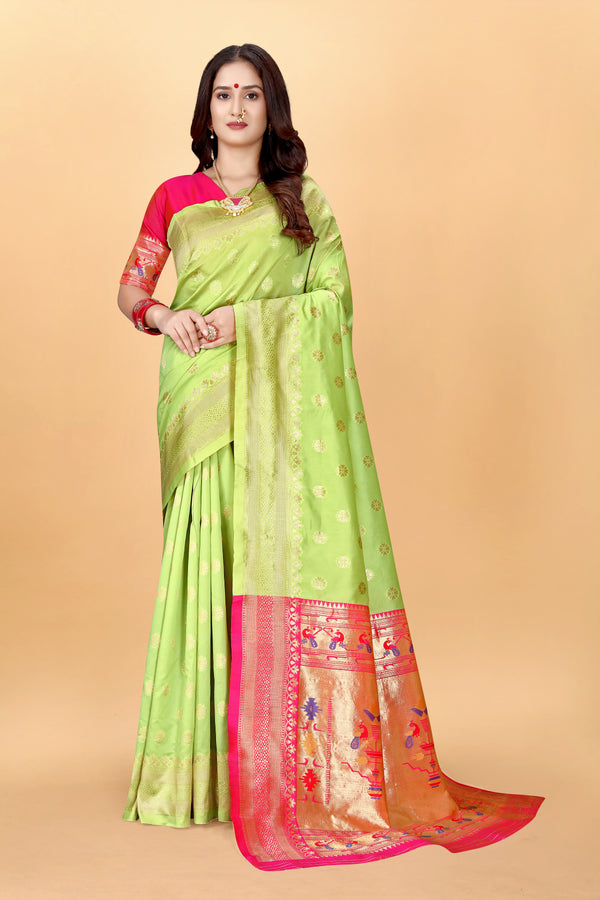 Light Green Paithani Silk Saree with Blouse Piece | Exquisite Woven Design for Weddings & Festive Celebrations