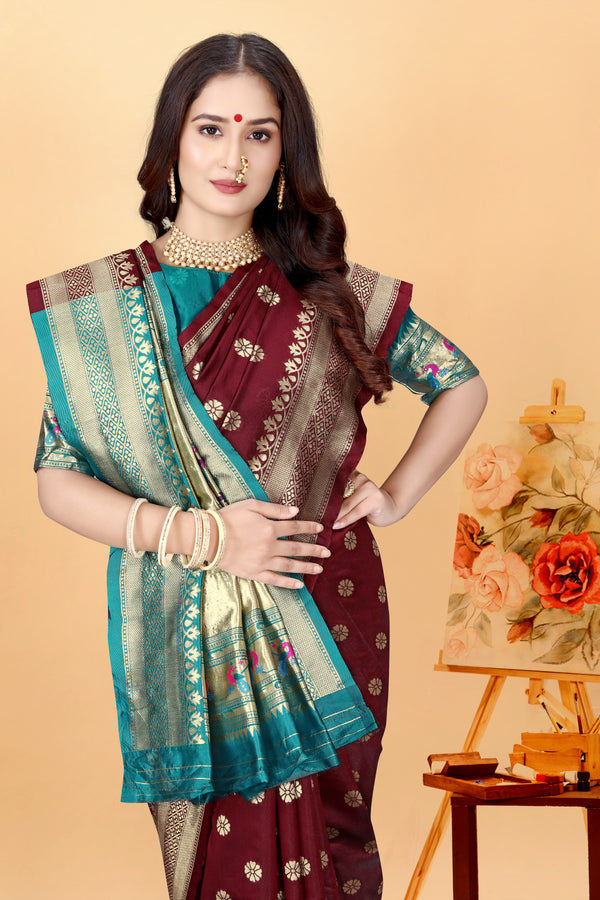 Maroon Woven Paithani Silk Saree with Blouse Piece | Elegant Traditional Saree for Weddings & Festive Occasions