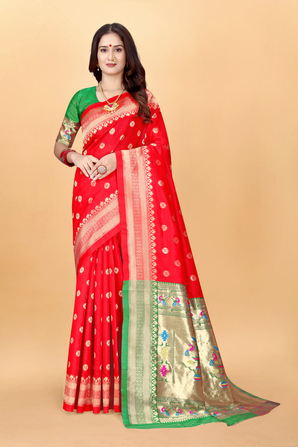 Red Woven Embroidered Paithani Pure Silk Saree | Bridal & Festive Saree with Unstitched Blouse Piece