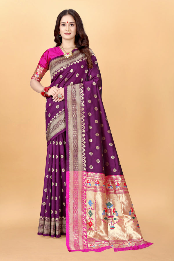 Luxurious Purple Woven Paithani Silk Blend Saree with Unstitched Blouse