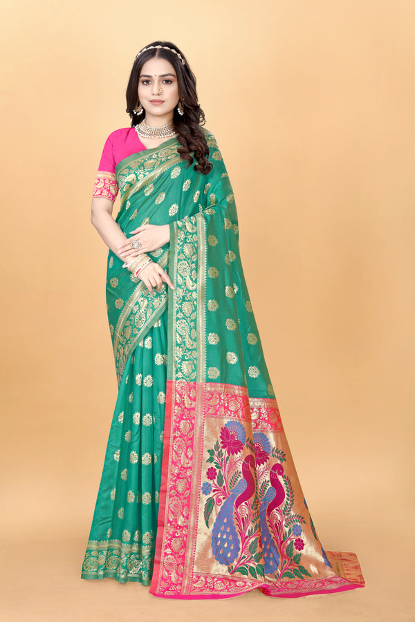 Aqua Green Silk Blend Paithani Jacquard Saree with Unstitched Blouse – Elegant Festive Wear