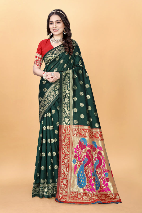 Graceful Green Silk Blend Paithani Jacquard Saree with Unstitched Blouse for Festive Elegance