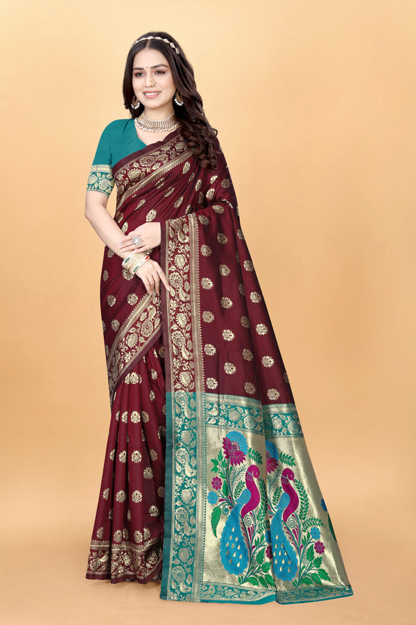 Elegant Maroon Woven Paithani Silk Blend Saree with Unstitched Blouse – Perfect for Festive & Party Wear