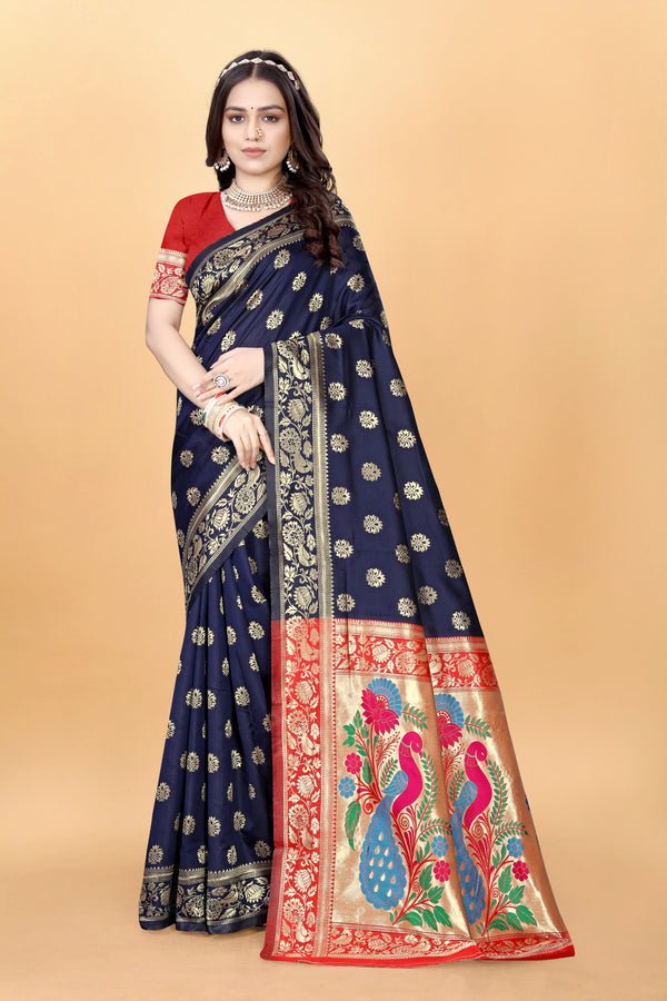 Graceful Navy Blue Woven Paithani Silk Blend Saree with Unstitched Blouse for Weddings & Festive Occasions