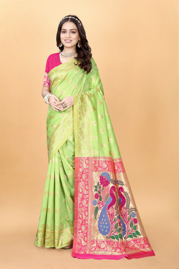 Elegant Light Green Woven Paithani Pure Silk Jacquard Saree with Pink Booti Work – Perfect for Weddings & Festive Wear