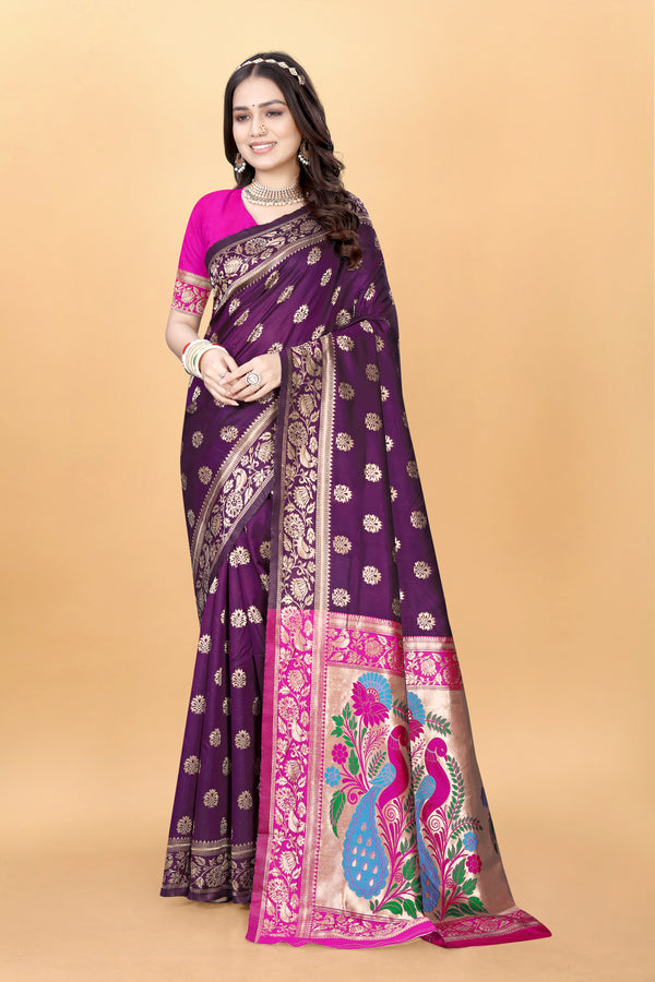 Purple Woven Paithani Silk Saree with Banarasi Silk Blouse Piece | Traditional Ethnic Wear