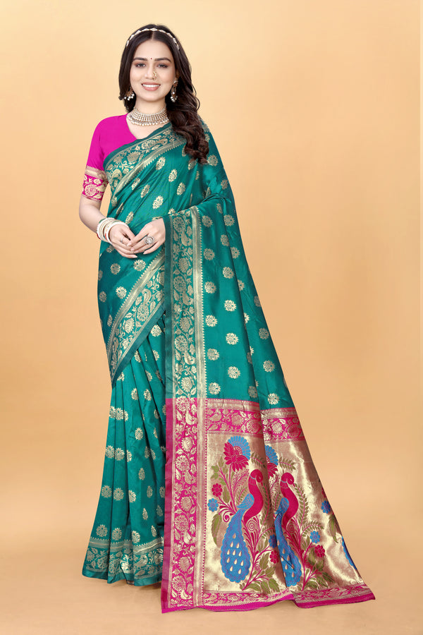 Rama Green Paithani Silk Saree with Woven Design & Matching Blouse Piece