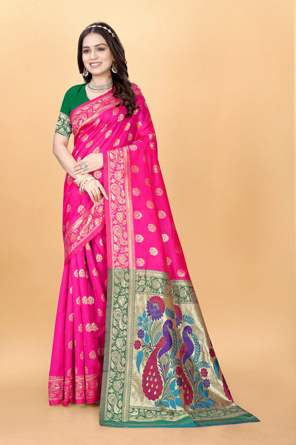 Pink Silk Blend Paithani Jacquard Saree with Unstitched Banarasi Silk Blouse Piece | Ethnic Wear for Weddings & Festivals