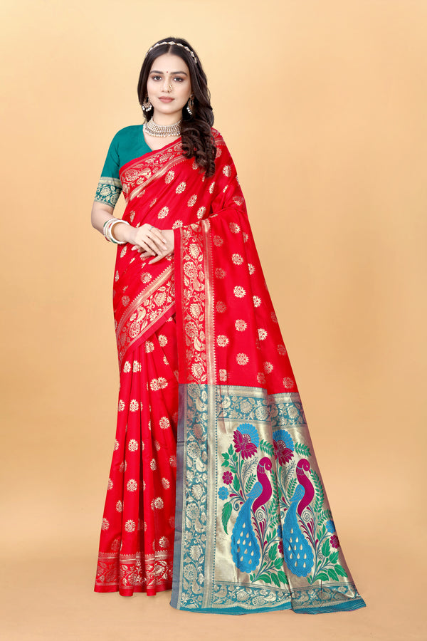 Red Silk Blend Paithani Jacquard Saree with Unstitched Banarasi Silk Blouse Piece | Perfect for Weddings & Festive Occasions