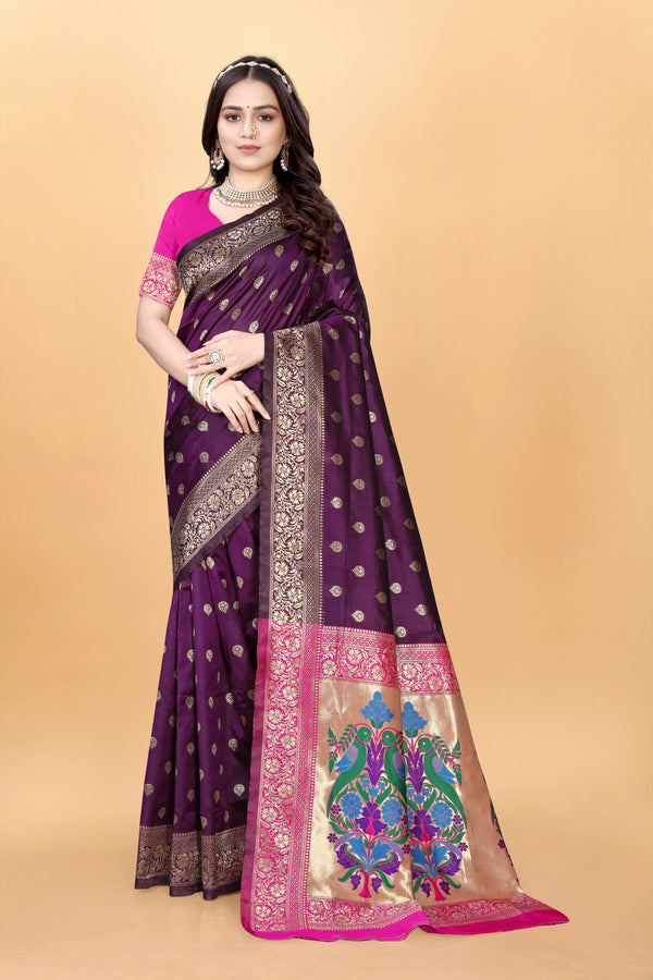 Purple Woven Paithani Silk Saree with Zari Buta | Tussar Silk Wedding Saree with Unstitched Blouse Piece