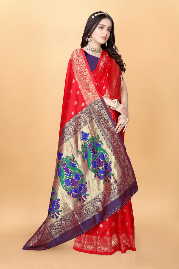 Red Woven Paithani Silk Saree with Banarasi Silk Blouse Piece | Traditional Saree for Weddings & Festivals