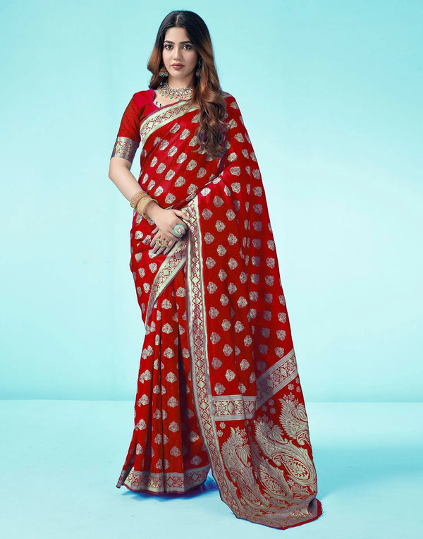 Elegant Red Silk Woven Saree - Art Silk Fabric with Unstitched Blouse Piece, Perfect for Festive Wear