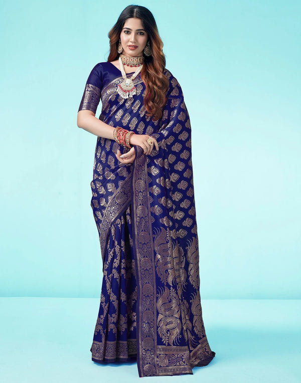 Elegant Navy Blue Silk Woven Saree - Banarasi Art Silk with Zari Details and Unstitched Blouse Piece