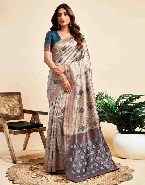 Sophisticated Grey Benarasi Silk Woven Saree with Luxurious Golden Jacquard Detailing and Contrasting Rama Blue Blouse