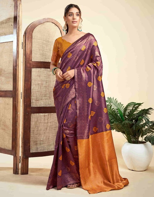 Elegant Wine Benarasi Silk Woven Saree with Golden Jacquard Detailing & Turmeric Yellow Silk Blouse for Special Occasions