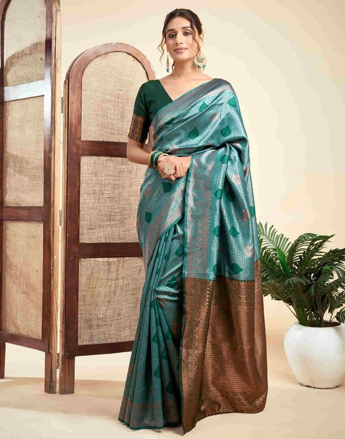 Teal Green Banarasi Silk Woven Saree with Golden Jacquard Design & Dark Green Blouse