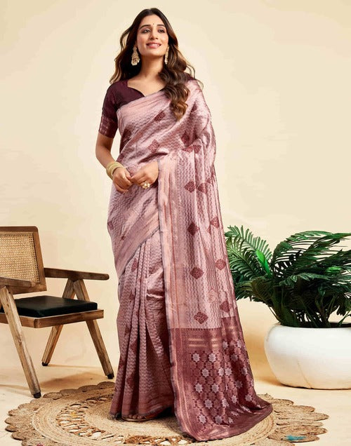 Mauve Banarasi Silk Woven Saree with Golden Jacquard Design & Contrasting Maroon Blouse