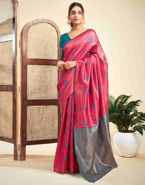 Rani Pink Banarasi Silk Woven Saree with Golden Jacquard Work and Contrasting Teal Green Blouse