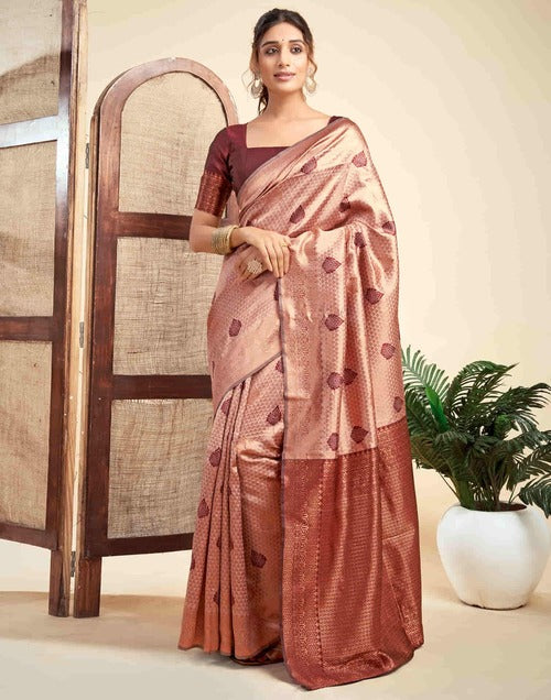 Elegant Mauve Banarasi Silk Woven Saree with Intricate Brocade and Maroon Unstitched Blouse