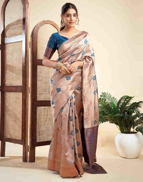 Elegant Grey Banarasi Silk Woven Saree with Intricate Golden Jacquard Design and Rama Blue Blouse