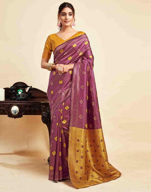 Rich Wine Banarasi Silk Woven Saree with Golden Jacquard Work and Contrasting Turmeric Yellow Blouse