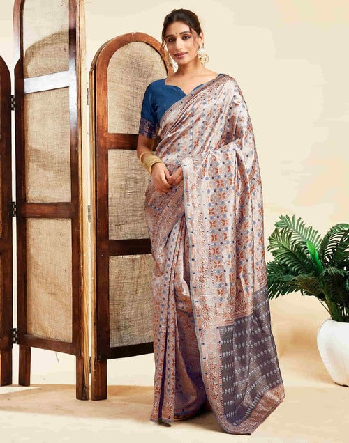 Graceful Grey Benarasi Silk Woven Saree with Jacquard Work and Rama Blue Blouse