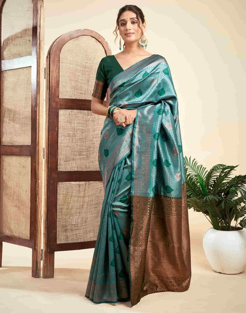 Elegant Teal Green Banarasi Silk Woven Saree with Dark Green Jacquard Blouse