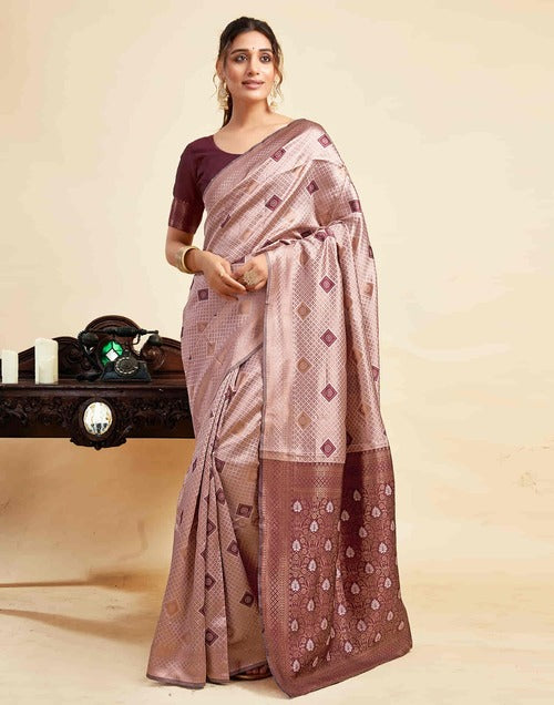 Exquisite Mauve Banarasi Silk Woven Saree with Maroon Jacquard Blouse