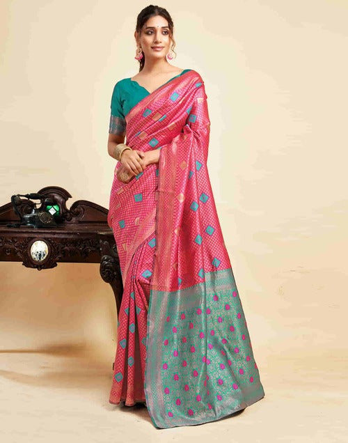 Exquisite Rani Pink Banarasi Silk Woven Saree with Jacquard Work and Teal Green Blouse