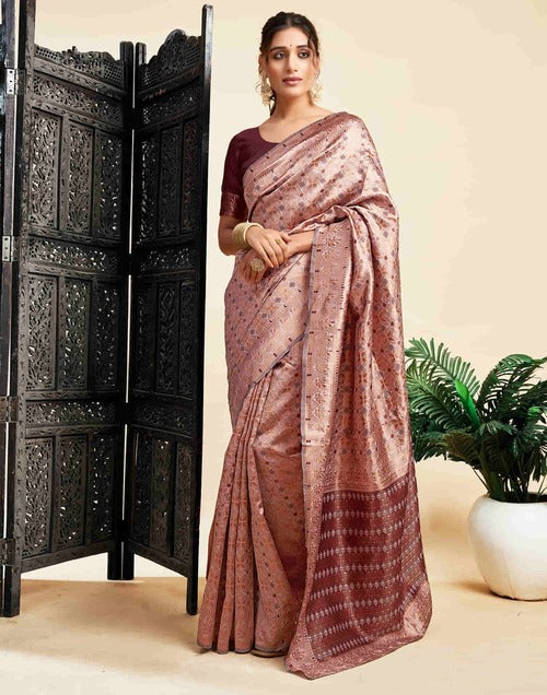 Luxurious Mauve Benarasi Silk Woven Saree with Jacquard Work and Maroon Blouse