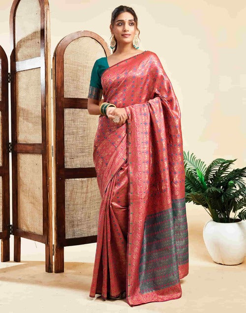 Majestic Rani Pink Benarasi Silk Woven Saree with Intricate Jacquard Work and Teal Green Blouse