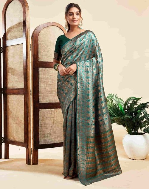 Luxurious Teal Green Benarasi Silk Woven Saree with Jacquard Work and Dark Green Blouse