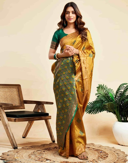 Exquisite Turmeric Yellow Banarasi Silk Saree with Green Woven Jacquard Blouse