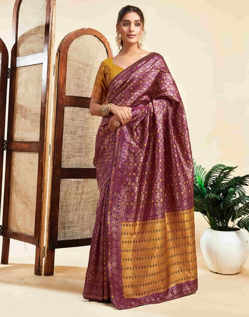 Luxurious Wine Benarasi Silk Woven Saree with Golden Jacquard Work and Turmeric Yellow Blouse