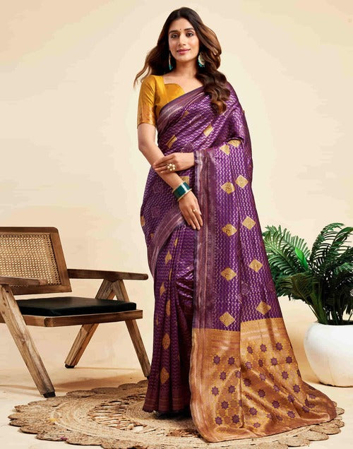 Regal Wine Benarasi Silk Woven Saree with Golden Jacquard Patterns and Turmeric Yellow Blouse